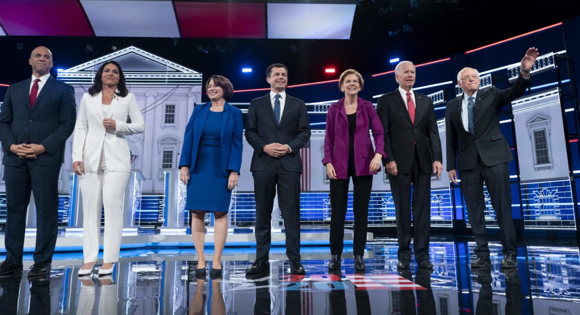 Candidates appear on stage at the start of the Democratic presidential debate at Tyler Perry Studios on Wednesday in Atlanta.