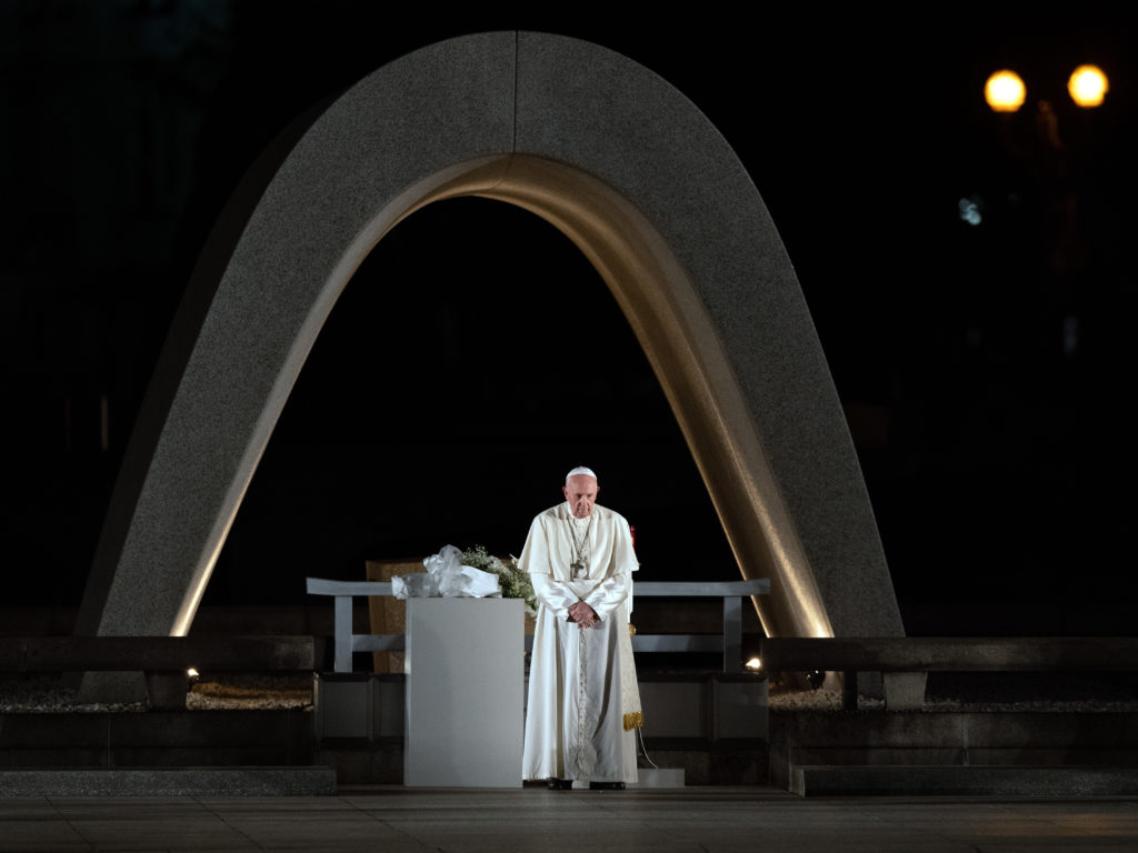 Pope Francis observes a minute of silence in memory of the victims of the atomic bombing of Hiroshima during his visit to the city's Peace Memorial Park on Sunday. CREDIT: Carl Court/Getty Images