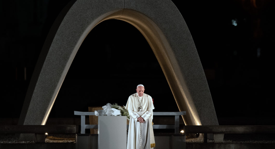 Pope Francis observes a minute of silence in memory of the victims of the atomic bombing of Hiroshima during his visit to the city's Peace Memorial Park on Sunday. CREDIT: Carl Court/Getty Images