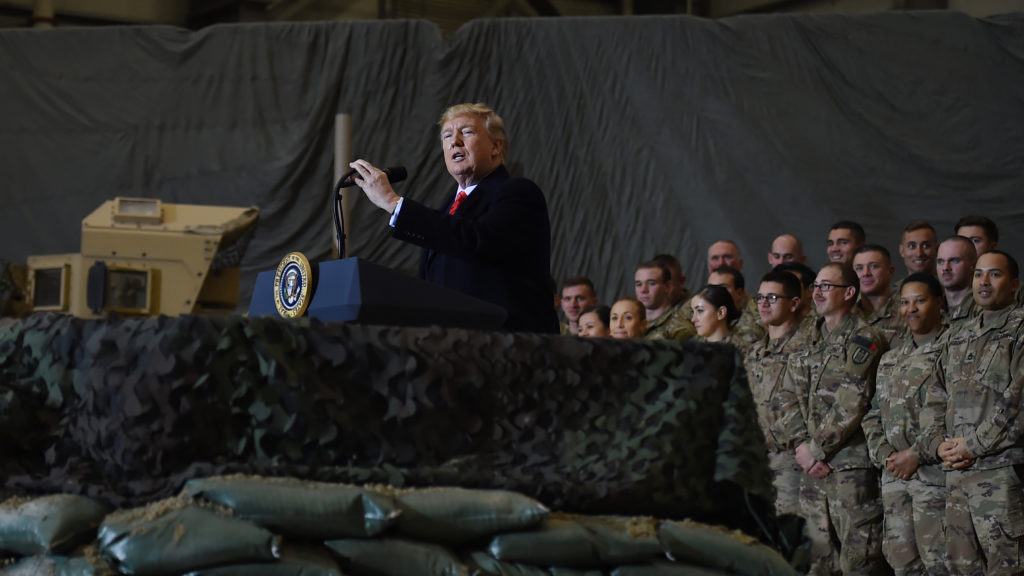 President Trump addresses U.S. troops Thursday, Nov. 28, 2019 during a surprise visit to Bagram Airfield in Afghanistan. Olivier Douliery/AFP via Getty ImagesOlivier Douliery/AFP via Getty ImagesPresident Trump addresses U.S. troops Thursday during a surprise visit to Bagram Airfield in Afghanistan. Olivier Douliery/AFP via Getty Images