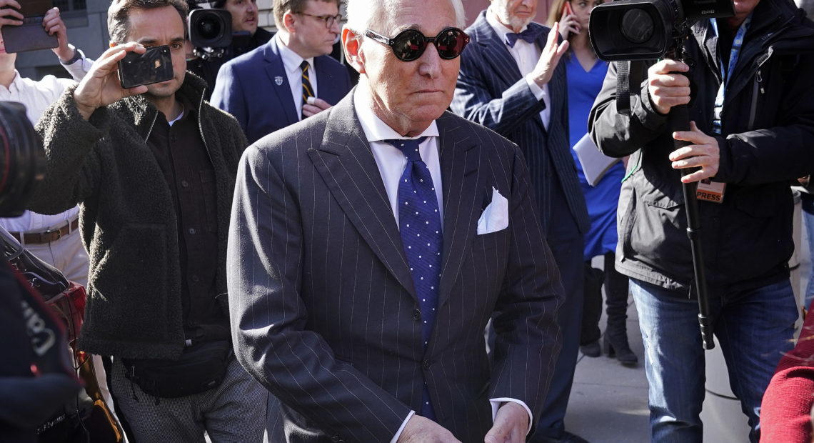 Former Trump adviser Roger Stone leaves a Washington, D.C., courthouse Friday after being found guilty of obstructing a congressional investigation into Russia's interference in the 2016 election. CREDIT: Win McNamee/Getty Images