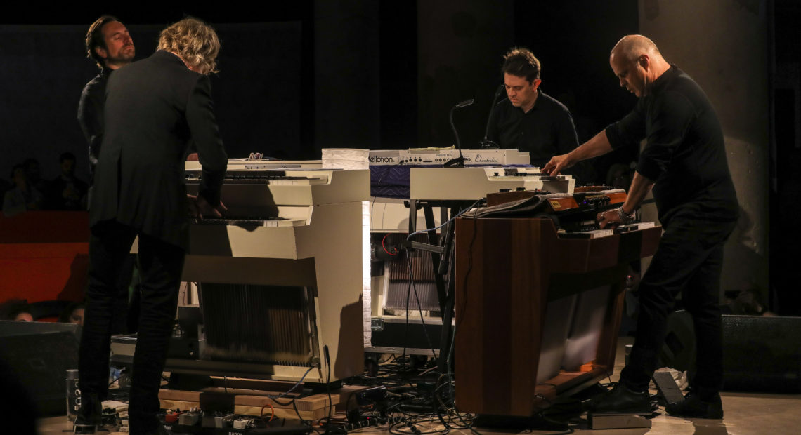 From left to right: Musicians Robby Grant, Pat Sansone, Jonathan Kirkscey and John Medeski perform in April 2018. CREDIT: Jamie Harmon/Courtesy of the artist