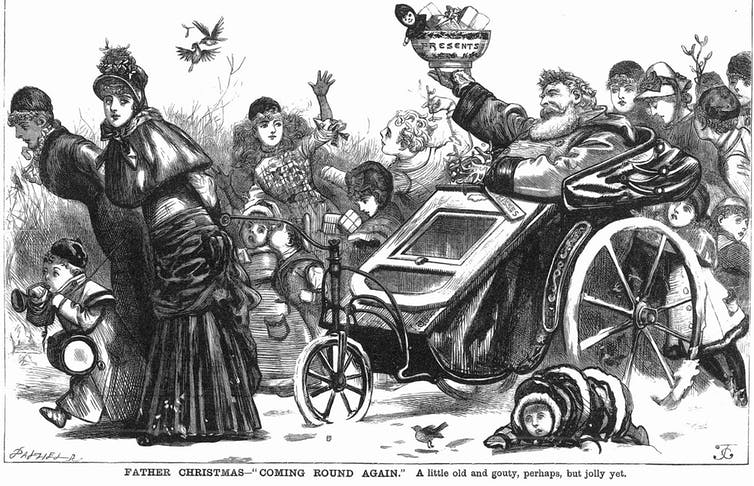 Father Christmas in 1879, with holly crown and wassail bowl used for the delivery of children’s presents. 'Fun' (London, England), Issue 763, p 256.