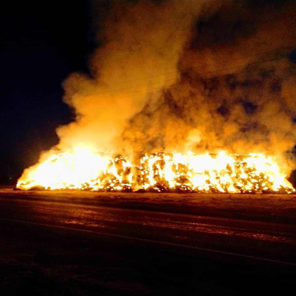 A haystack on fire in Franklin County, north of Pasco, Washington, on Saturday, Nov. 30. CREDIT: Mike Harris / Franklin County Fire District 3