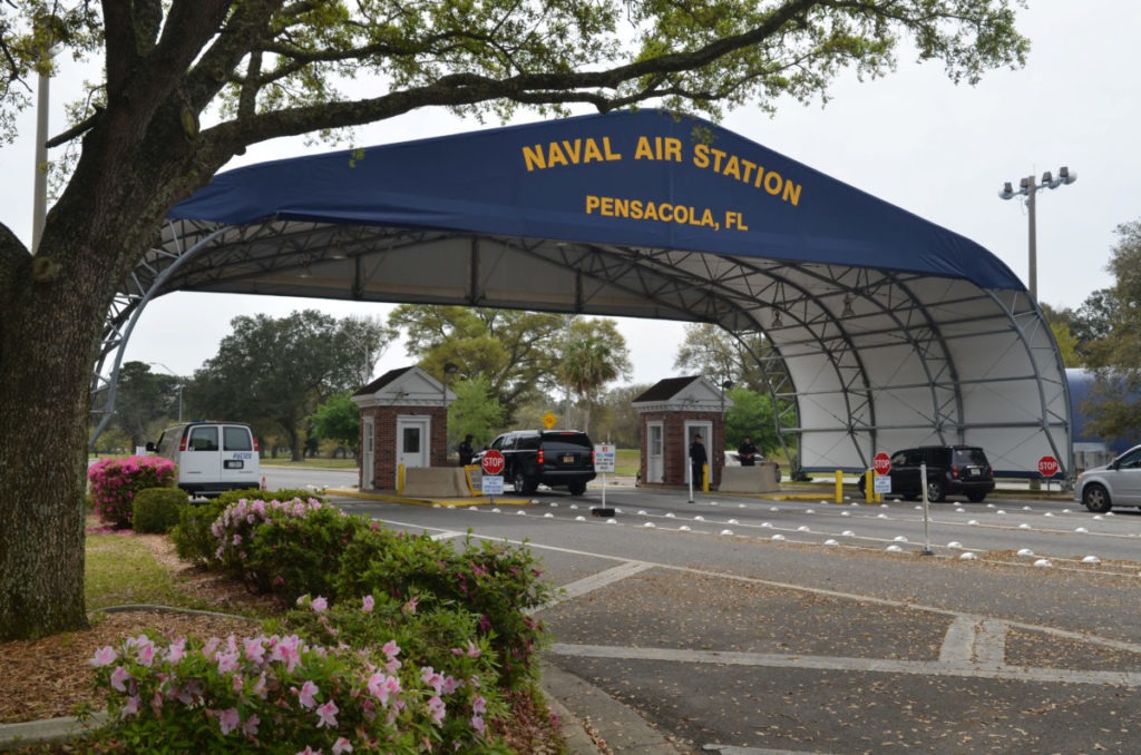 The main gate at Naval Air Station Pensacola is seen on Navy Boulevard in Pensacola, Florida, U.S. March 16, 2016. Photo courtesy: U.S. Navy/Patrick Nichols/Handout