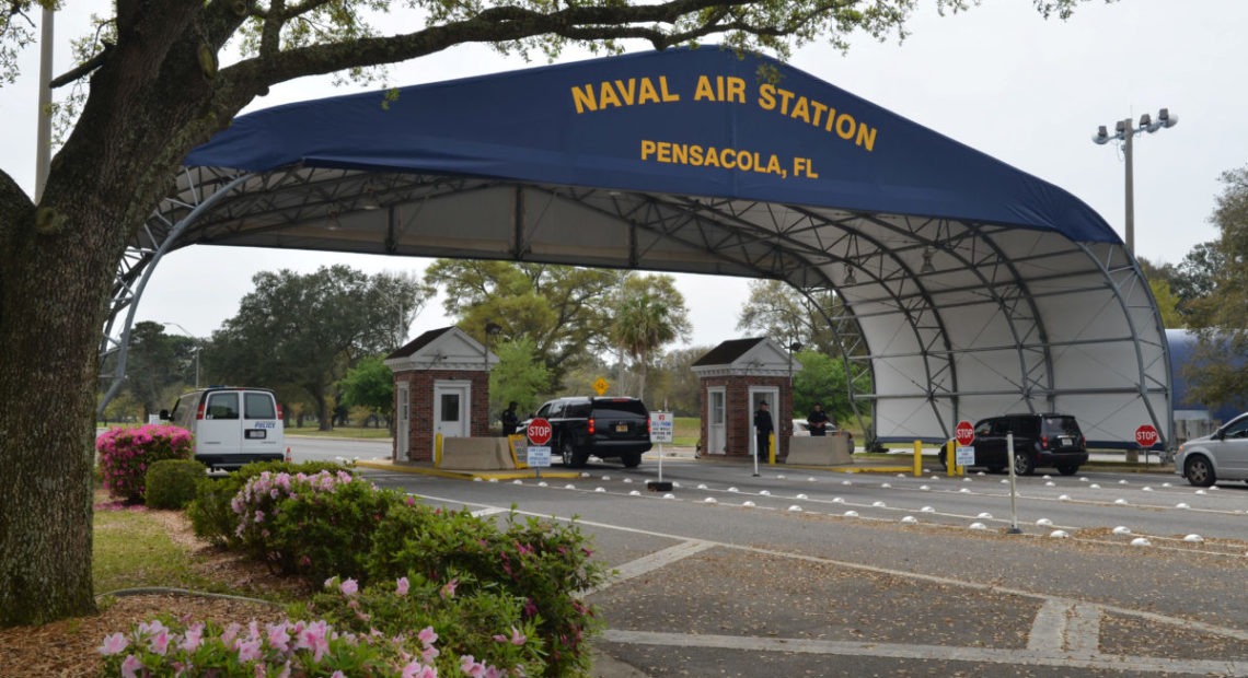 The main gate at Naval Air Station Pensacola is seen on Navy Boulevard in Pensacola, Florida, U.S. March 16, 2016. Photo courtesy: U.S. Navy/Patrick Nichols/Handout