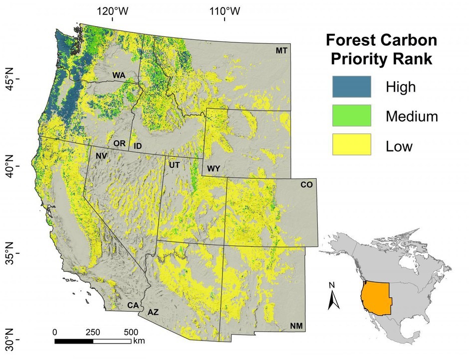 This map illustrates the carbon sequestration potential of forests across the West, according to new research findings. CREDIT: Oregon State University