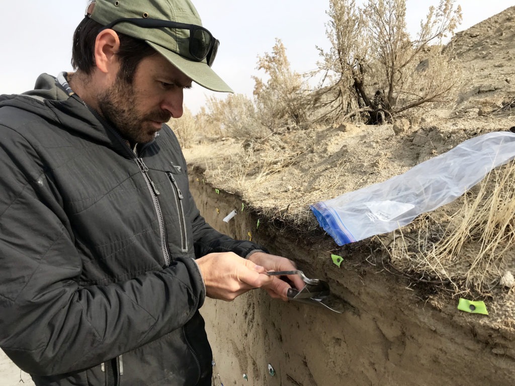 USGS geologist Steve Angster scrapes volcanic ash out of the trench and collects it in a plastic baggie. He can use the ash to figure more about when this scarp formed. CREDIT: Courtney Flatt/NWPB