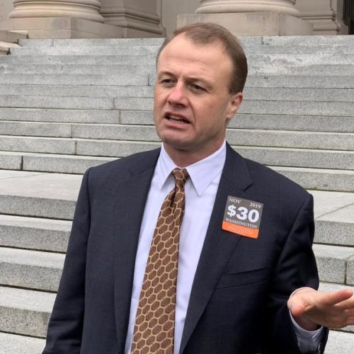 Initiative sponsor Tim Eyman spoke outside the Washington State Supreme Court on Tuesday, Dec. 3, 2019. CREDIT: Tom Banse/N3