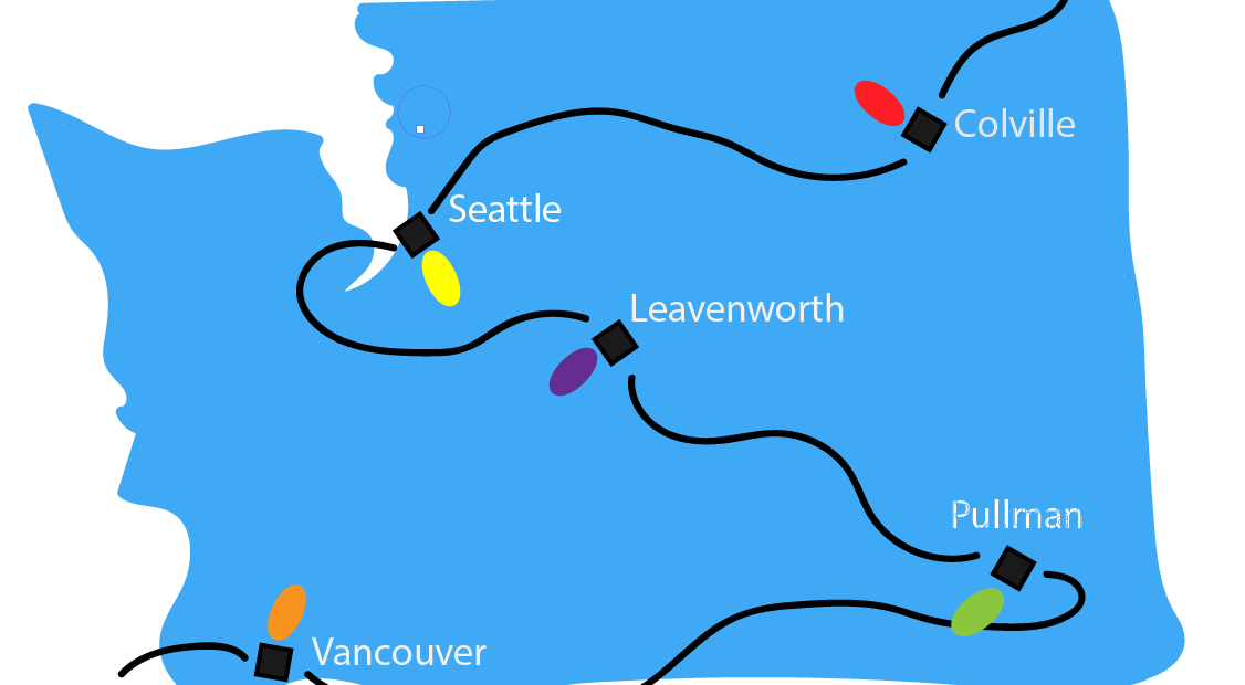 Map of Washington state with Christmas lights strewn over it.