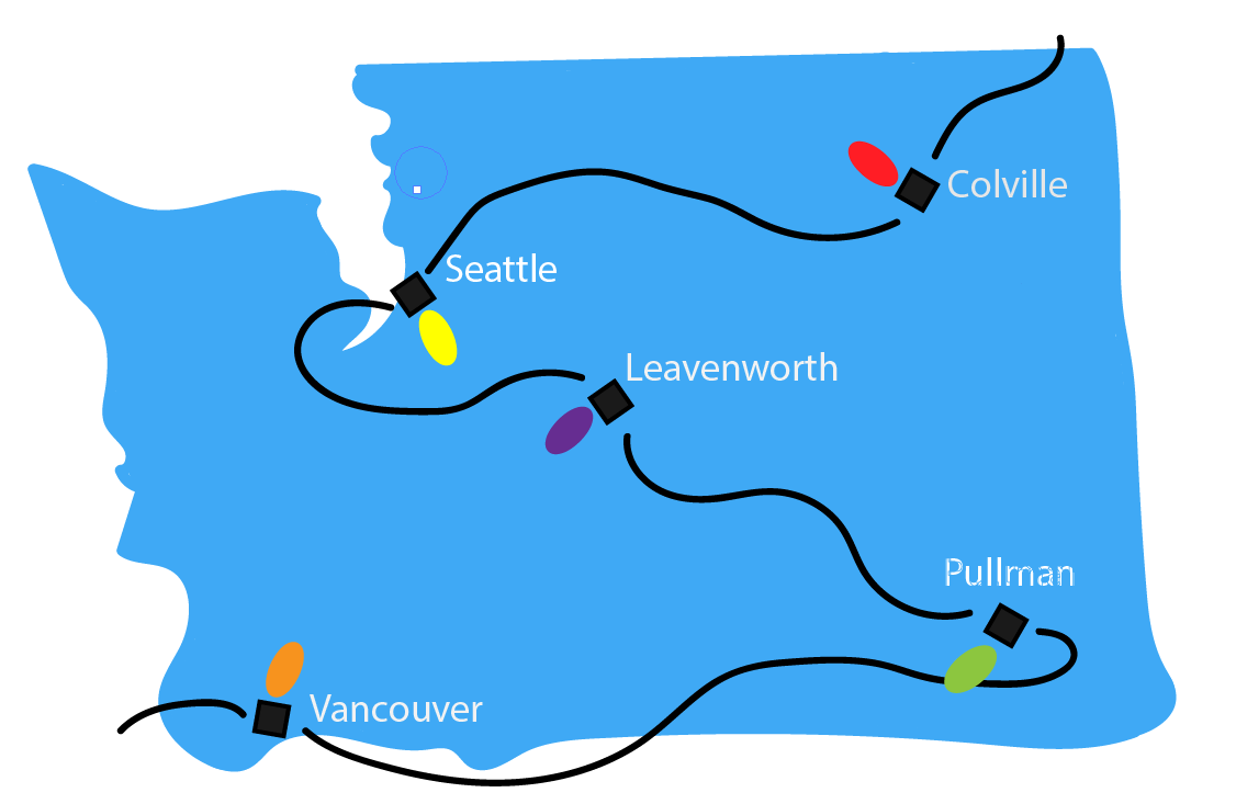 Map of Washington state with Christmas lights strewn over it.