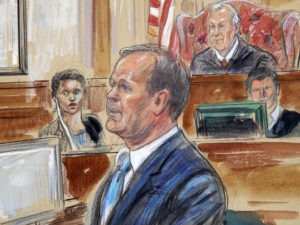 A courtroom sketch depicts Rick Gates testifying in the bank fraud and tax evasion trial of Paul Manafort on Aug. 7, 2018. Gates was Manafort's protege and a leader on the Trump presidential campaign. Dana Verkouteren/AP