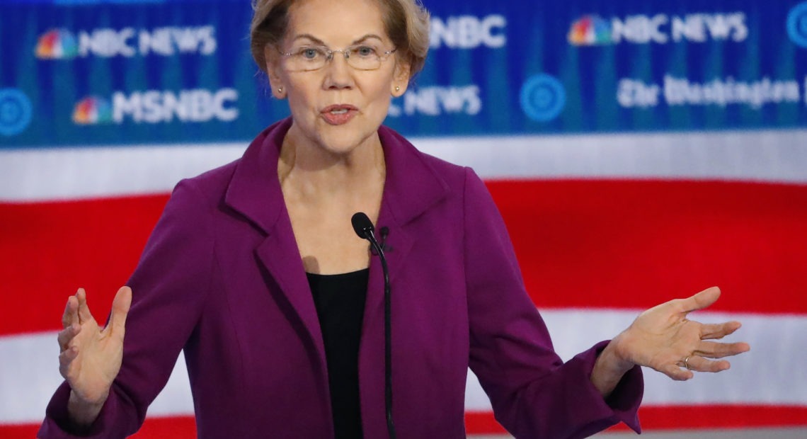 Democratic presidential candidate Elizabeth Warren speaks during last month's presidential primary debate in Atlanta. CREDIT: John Bazemore/AP