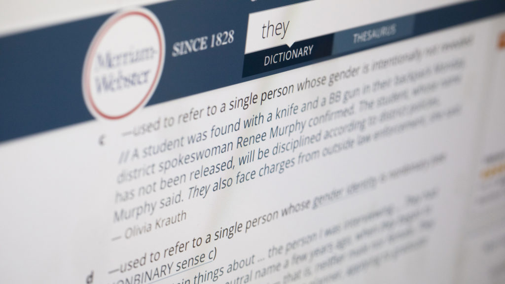 A search for the word they on Merriam-Webster's website turns up definitions for the personal pronoun, which saw a massive spike in lookups this year over last. Several months ago the dictionary added a definition for its 2019 Word of the Year that classified it as a functioning nonbinary pronoun. CREDIT: Jenny Kane/AP