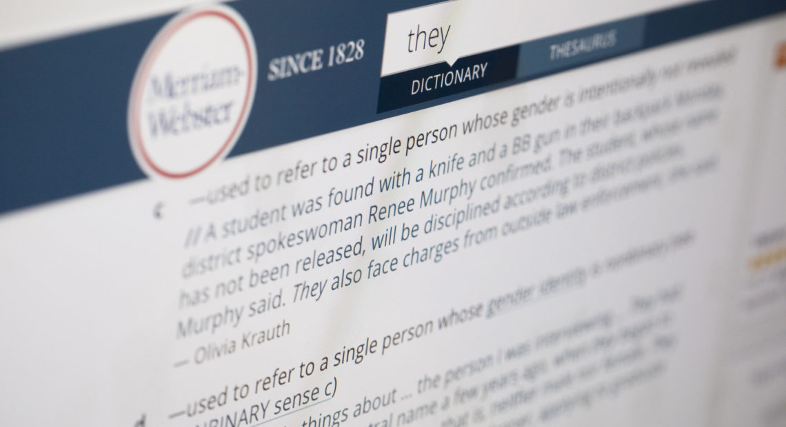 A search for the word they on Merriam-Webster's website turns up definitions for the personal pronoun, which saw a massive spike in lookups this year over last. Several months ago the dictionary added a definition for its 2019 Word of the Year that classified it as a functioning nonbinary pronoun. CREDIT: Jenny Kane/AP