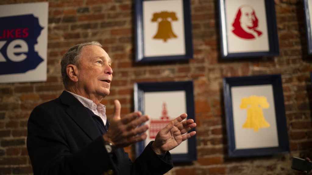 Democratic presidential candidate Michael Bloomberg addresses the press from his Philadelphia field office on Dec. 21. The former New York City mayor entered the race late and is not contesting the early primary states, instead concentrating efforts toward Super Tuesday and beyond. CREDIT: Mark Makela/Getty Images