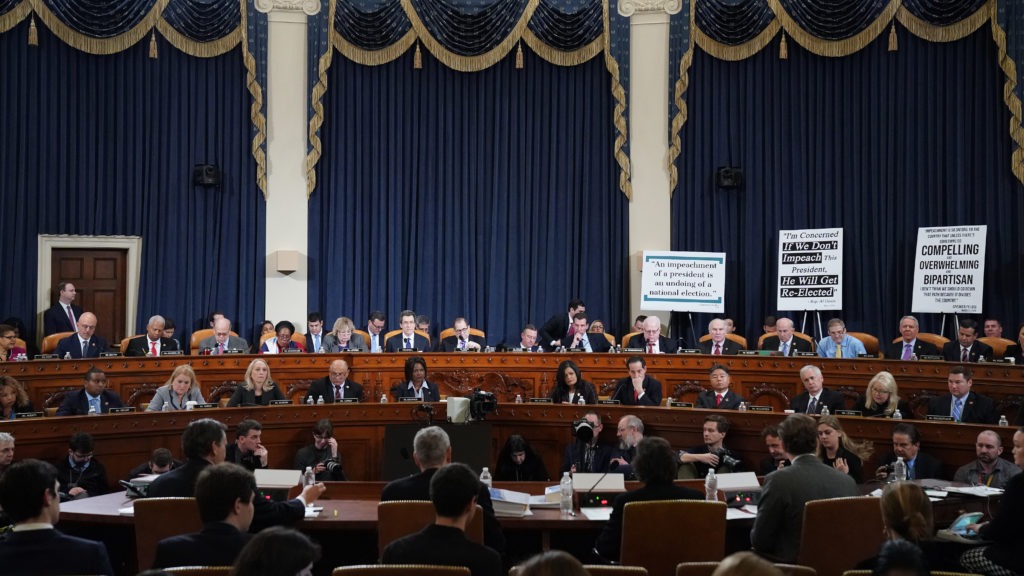 Members of the House Judiciary Committee listen as constitutional scholars testify before the House Judiciary Committee on Capitol Hill Wednesday. CREDIT: Drew Angerer/Getty Images
