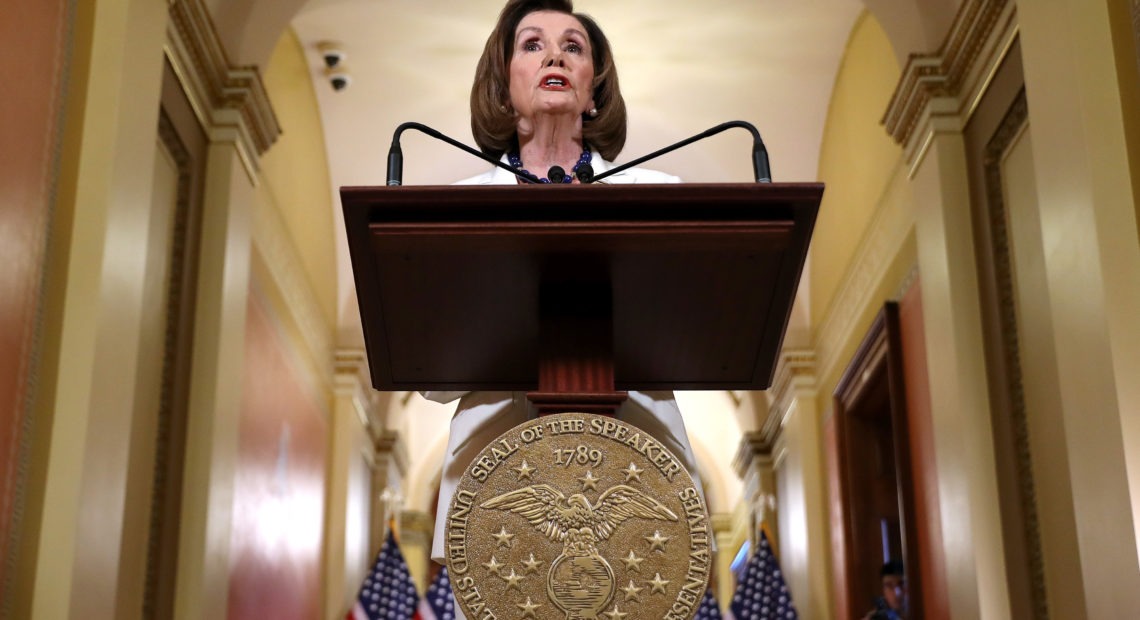 House Speaker Nancy Pelosi, D-Calif., announced at the Capitol on Thursday that the House is drafting articles of impeachment against President Trump. CREDIT: Chip Somodevilla/Getty Images