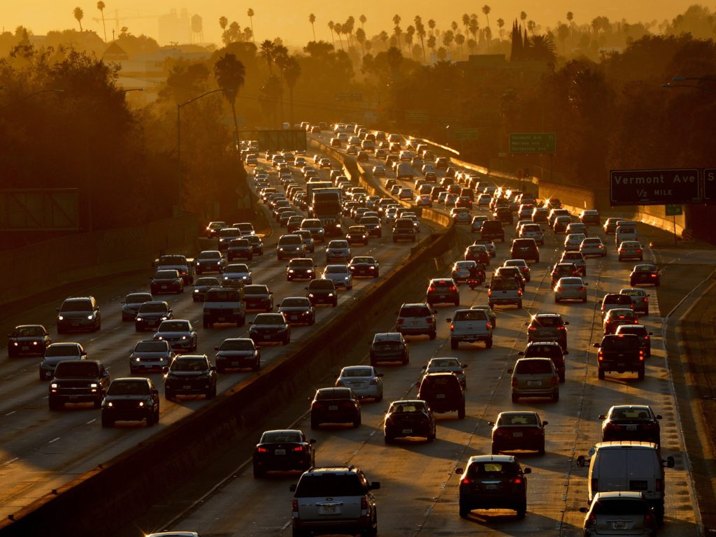 Traffic clogs Highway 101 as people leave work in Los Angeles on Aug. 29, 2014. CREDIT: Mark Ralston/AFP via Getty Images