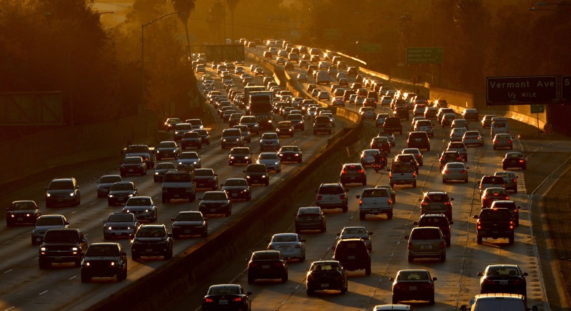 Traffic clogs Highway 101 as people leave work in Los Angeles on Aug. 29, 2014. CREDIT: Mark Ralston/AFP via Getty Images