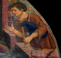Found it! The shepherd who gladdens the Holy Family with his bagpipe in the 16th-century Nativity fresco over the main door of the Aosta Cathedral has the swollen throat typical of a greatly enlarged thyroid gland. CREDIT: Renzo Dionigi