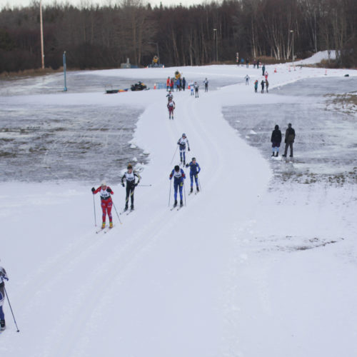 High school skiers compete in the annual Lynx Loppet race at Kincaid Park in Anchorage. The park has 30 miles of trails, but competitors were limited to a mile-long loop of man-made snow. CREDIT: Nat Herz/Alaska's Energy Desk