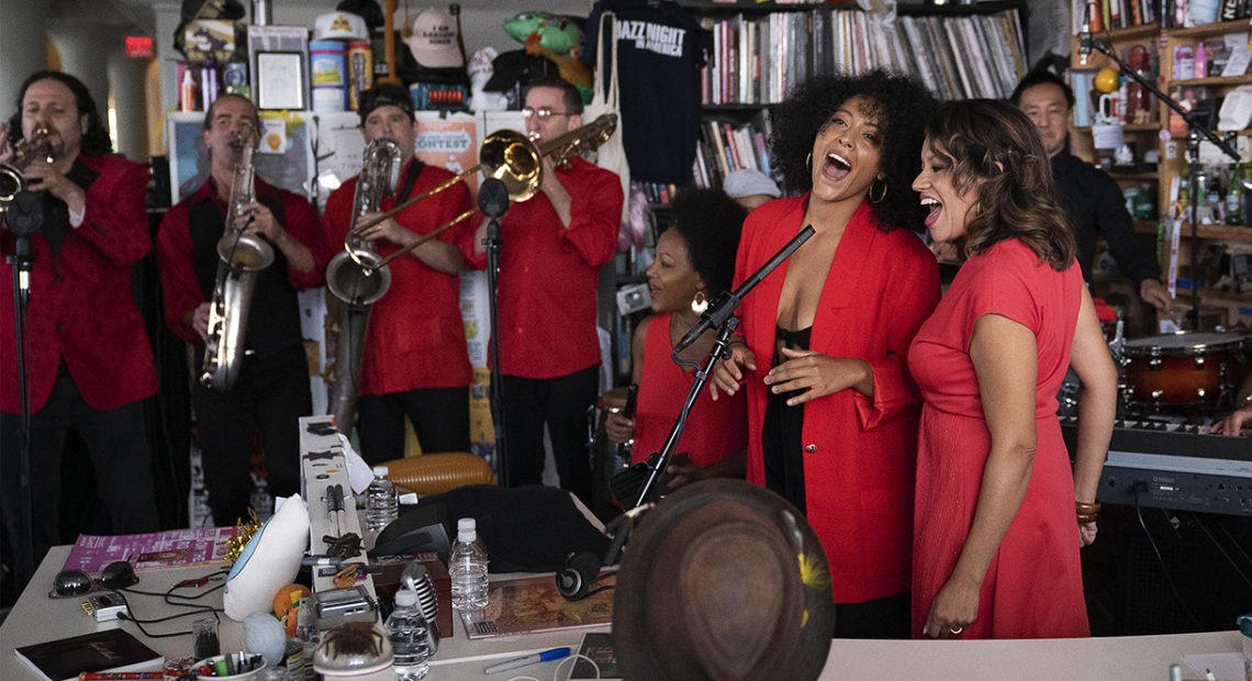 Spanglish Fly performs at a Tiny Desk Concert on Sept. 9, 2019. CREDIT: Emily Bogle/NPR