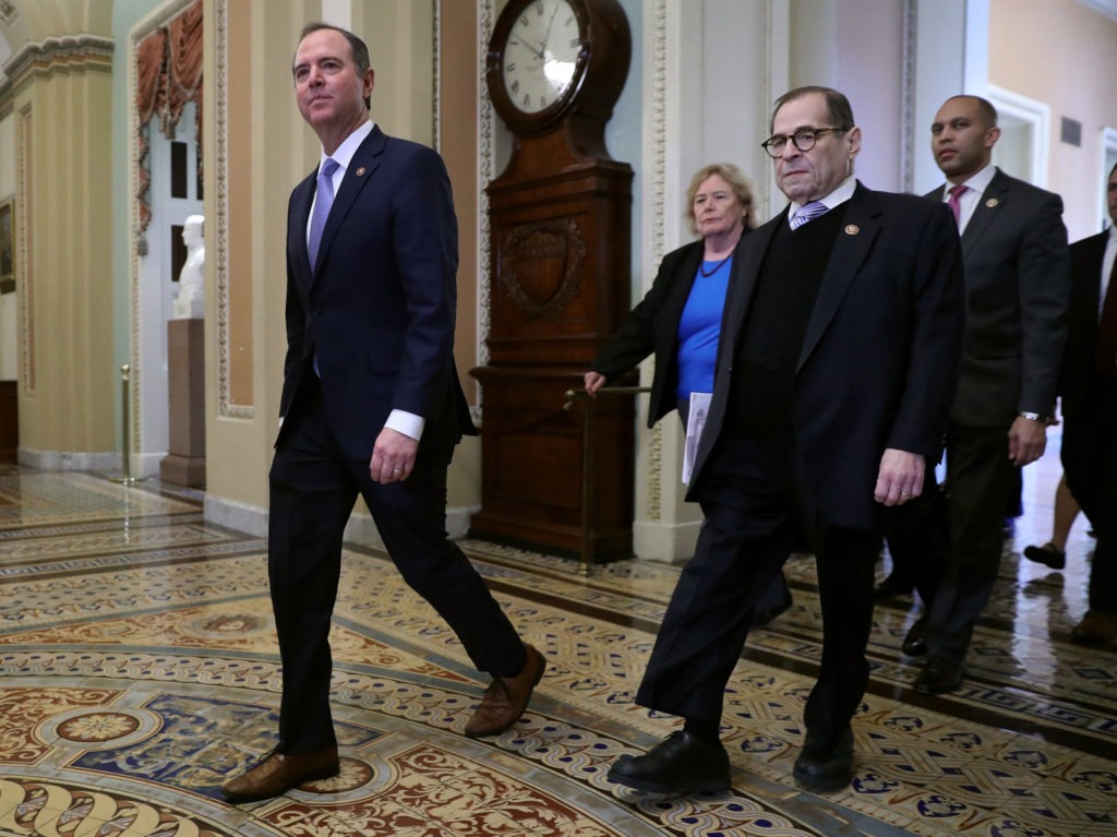 L-R: Rep. Adam Schiff, Rep. Zoe Lofgren, Rep. Jerrold Nadler and Rep. Hakeem Jeffries head toward the Senate Chamber before the start of President Trump's impeachment trial Wednesday. Chip Somodevilla/Getty Images