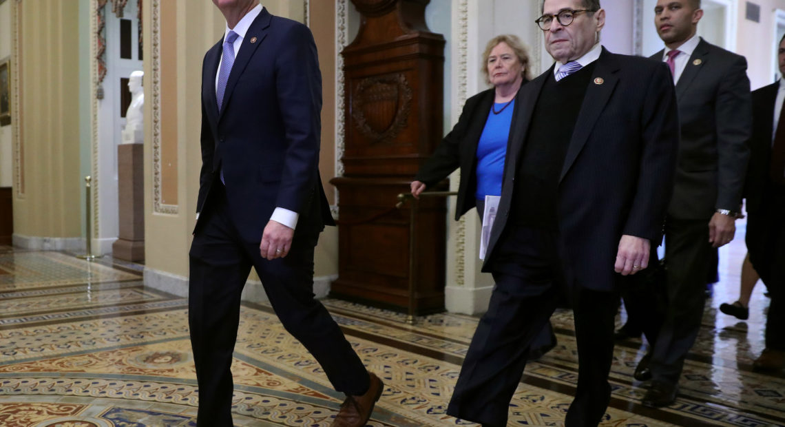 L-R: Rep. Adam Schiff, Rep. Zoe Lofgren, Rep. Jerrold Nadler and Rep. Hakeem Jeffries head toward the Senate Chamber before the start of President Trump's impeachment trial Wednesday. Chip Somodevilla/Getty Images