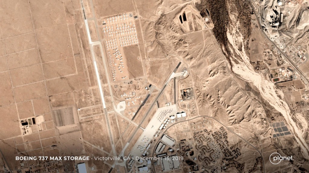 The Victorville airport is the latest place where Boeing is storing freshly-built, but undeliverable, Boeing 737 Max series jets. CREDIT: Planet Labs