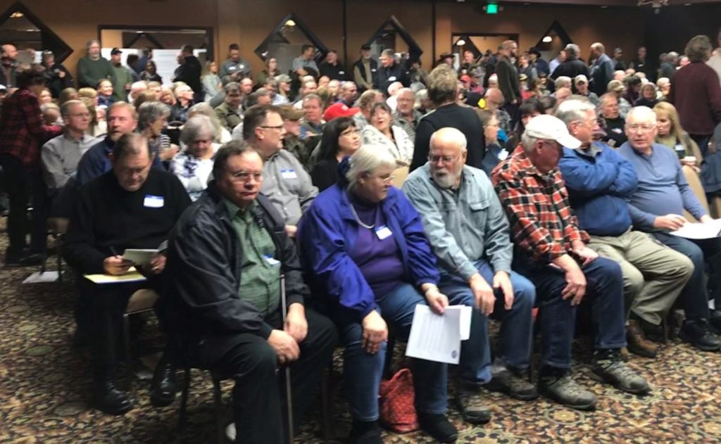 More than 300 people gathered in Clarkston, Washington Jan. 7, 2020 to hear perspectives on the lower Snake River dams. Ultimately a decision on their fate is up to Congress. CREDIT: Courtney Flatt/NWPB