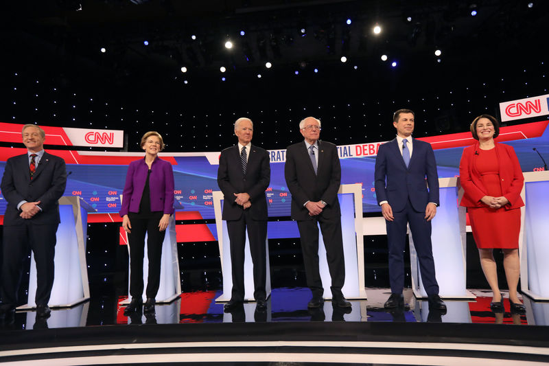The six Democratic candidate who qualified for the Jan. 14 debate in Des Moines, Iowa, at Drake University. CREDIT: Michael Zamora/NPR