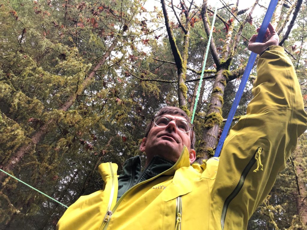 Greg Ettl, a forest ecologist for the University of Washington, shows off the tubing that will carry bigleaf maple sap down the hill using gravity at UW's Pack Forest.