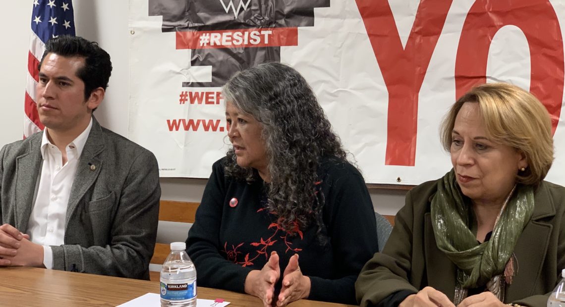 From left, Mexican Sen. Israel Zamora, United Farm Workers President Teresa Romero and Sen. Bertha Alicia Caraveo hold a press conference Monday, Jan. 27, after meeting with dairy workers. They shared stories of poor working conditions on farms, including cases of wage theft, long work hours and sexual harassment. CREDIT: Enrique Pérez de la Rosa/NWPB