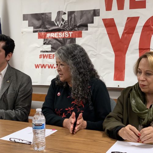 From left, Mexican Sen. Israel Zamora, United Farm Workers President Teresa Romero and Sen. Bertha Alicia Caraveo hold a press conference Monday, Jan. 27, after meeting with dairy workers. They shared stories of poor working conditions on farms, including cases of wage theft, long work hours and sexual harassment. CREDIT: Enrique Pérez de la Rosa/NWPB