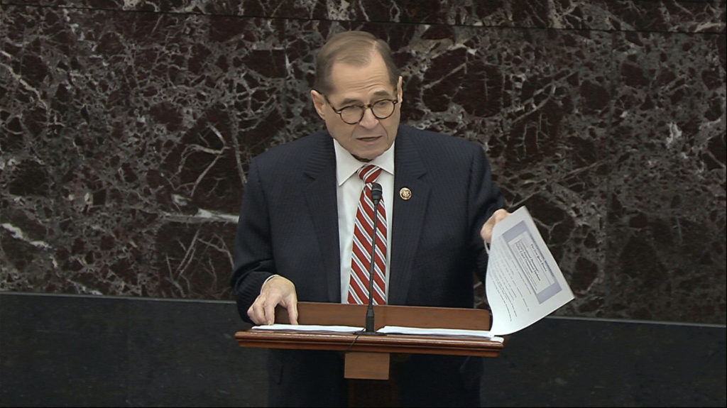 House impeachment manager Rep. Jerrold Nadler, D-N.Y., laid out what he called the legal theory for impeachment as the House is pursuing it. CREDIT: AP