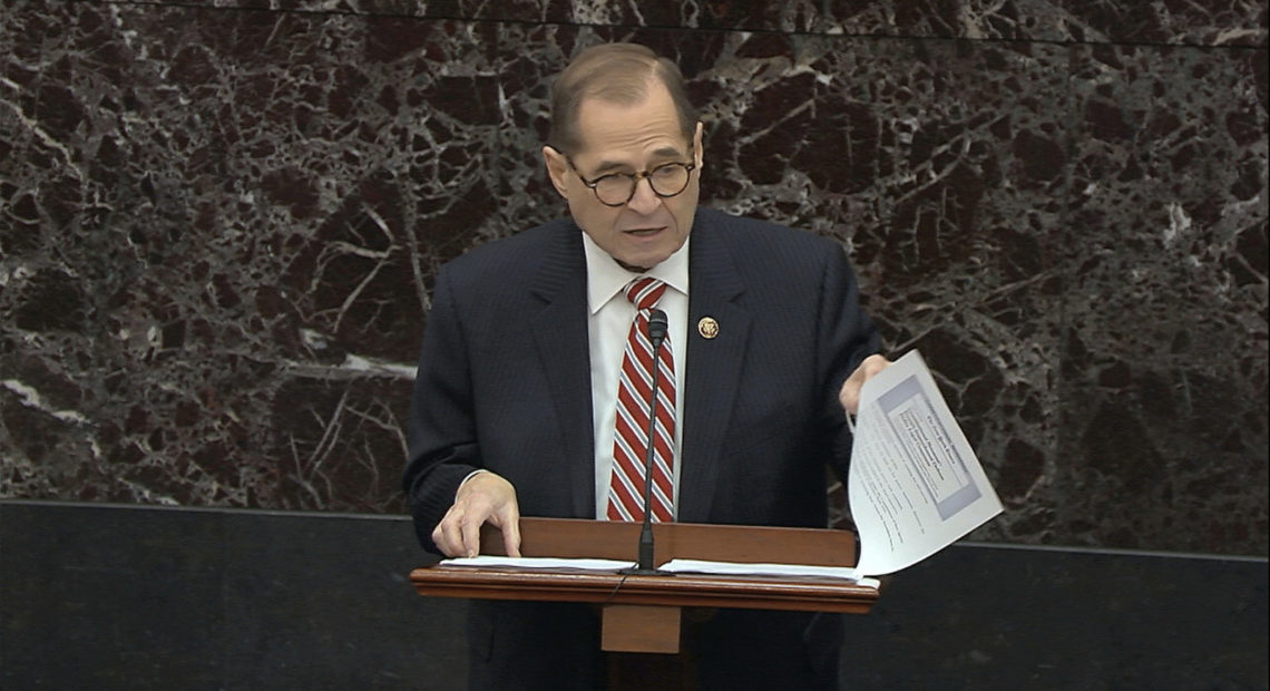 House impeachment manager Rep. Jerrold Nadler, D-N.Y., laid out what he called the legal theory for impeachment as the House is pursuing it. CREDIT: AP