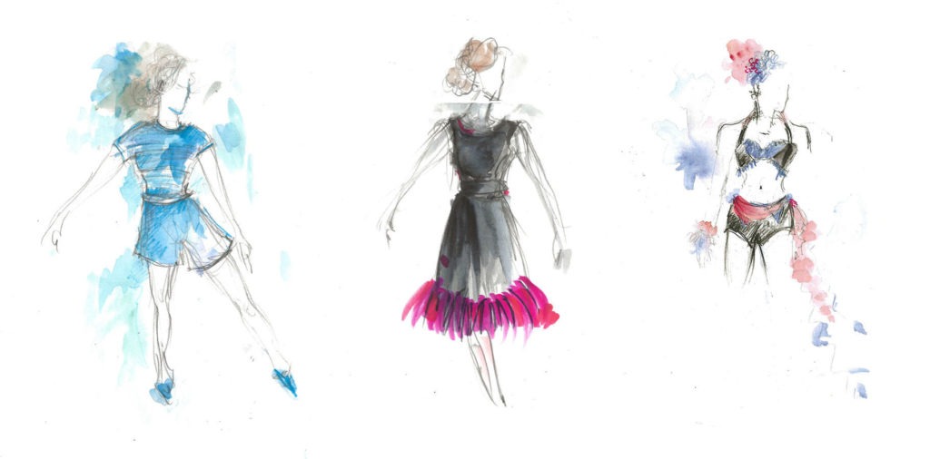 Three different sketches by Donna Zakowska show (from left), Midge Maisel's exercise outfit, a formal dress for Midge to wear in Miami and an outfit for one of the performers at the USO Show, which kicks off Season 3. CREDIT: Amazon Studios