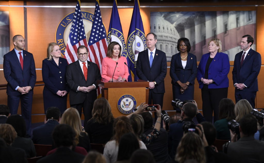 ouse Speaker Nancy Pelosi of California announces the seven impeachment managers — (flanking Pelosi from left) Hakeem Jeffries, Sylvia Garcia, Jerry Nadler, Adam Schiff, Val Demings, Zoe Lofgren Jason Crow — on Capitol Hill on Wednesday. Susan Walsh/AP