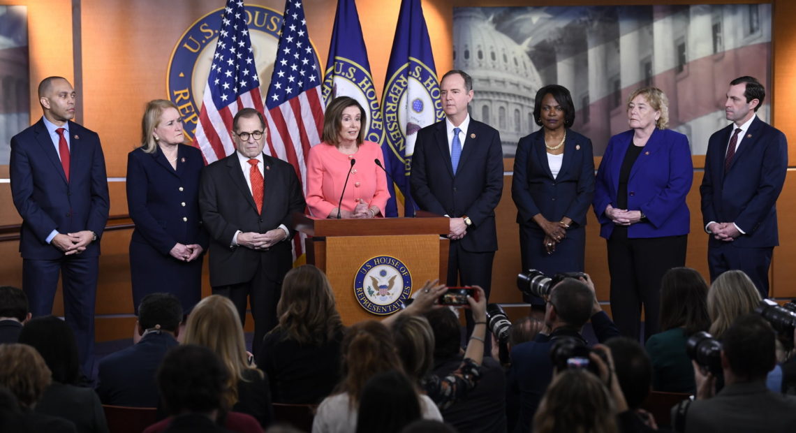 ouse Speaker Nancy Pelosi of California announces the seven impeachment managers — (flanking Pelosi from left) Hakeem Jeffries, Sylvia Garcia, Jerry Nadler, Adam Schiff, Val Demings, Zoe Lofgren Jason Crow — on Capitol Hill on Wednesday. Susan Walsh/AP