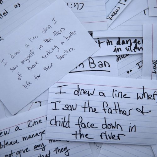 Notecards handwritten by Tableau employees from a recent rally at Gas Works Park reveal what personally motivated them to 'draw a line', are shown on Wednesday, December 4, 2019, in Seattle.