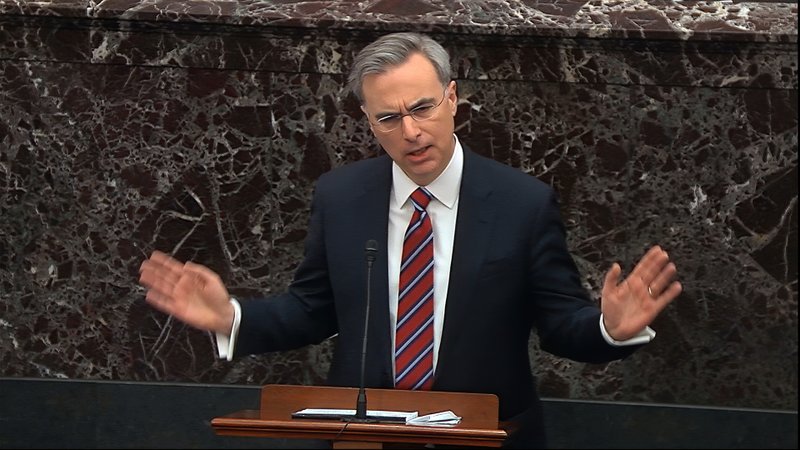 In this image from video, White House counsel Pat Cipollone speaks during the impeachment trial against President Donald Trump in the Senate at the U.S. Capitol in Washington, Saturday, Jan. 25, 2020. CREDIT: Senate TV via AP