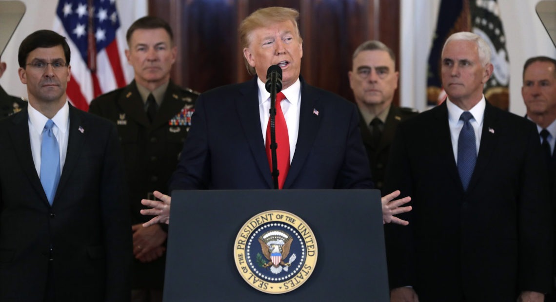 President Trump addresses the nation from the White House on the ballistic missile strike that Iran launched against Iraqi air bases housing U.S. troops on Wednesday. Evan Vucci/AP