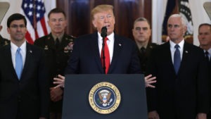 President Trump addresses the nation from the White House on the ballistic missile strike that Iran launched against Iraqi air bases housing U.S. troops on Wednesday. Evan Vucci/AP