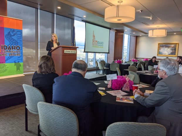 Superintendent Sherri Ybarra speaks at the Idaho Commission on Hispanic Affairs legislative reception. CREDIT: Idaho Education News