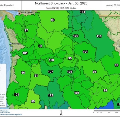 Map showing snowpack for Washington - Oregon - Idaho as of January 30, 2020