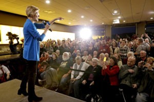 Sen. Elizabeth Warren of Massachusetts speaks to a crowd in Council Bluffs, Iowa