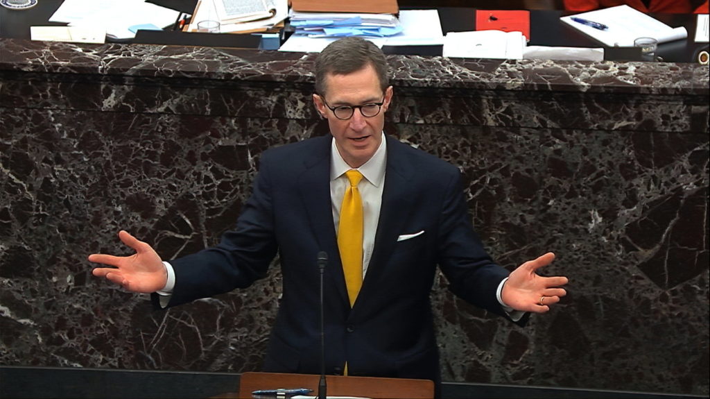 White House deputy counsel Patrick Philbin answers a question during the impeachment trial against President Trump Wednesday. CREDIT: AP