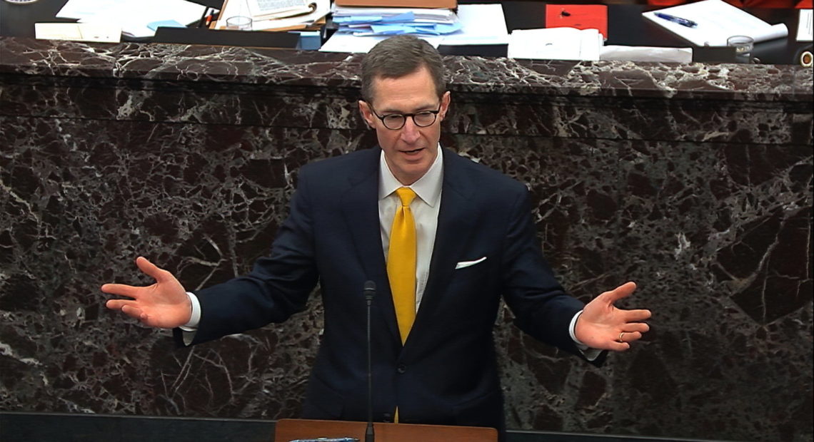 White House deputy counsel Patrick Philbin answers a question during the impeachment trial against President Trump Wednesday. CREDIT: AP