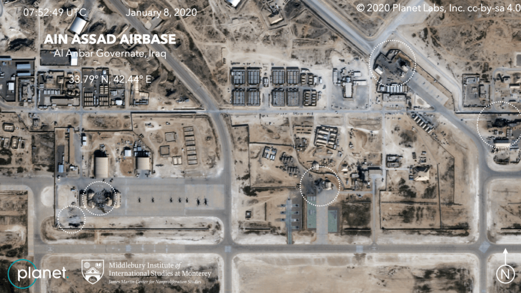 Satellite images show damage to hangars and buildings in what appears to be a series of precision missile strikes launched by Iran. Planet Labs Inc./Middlebury Institute